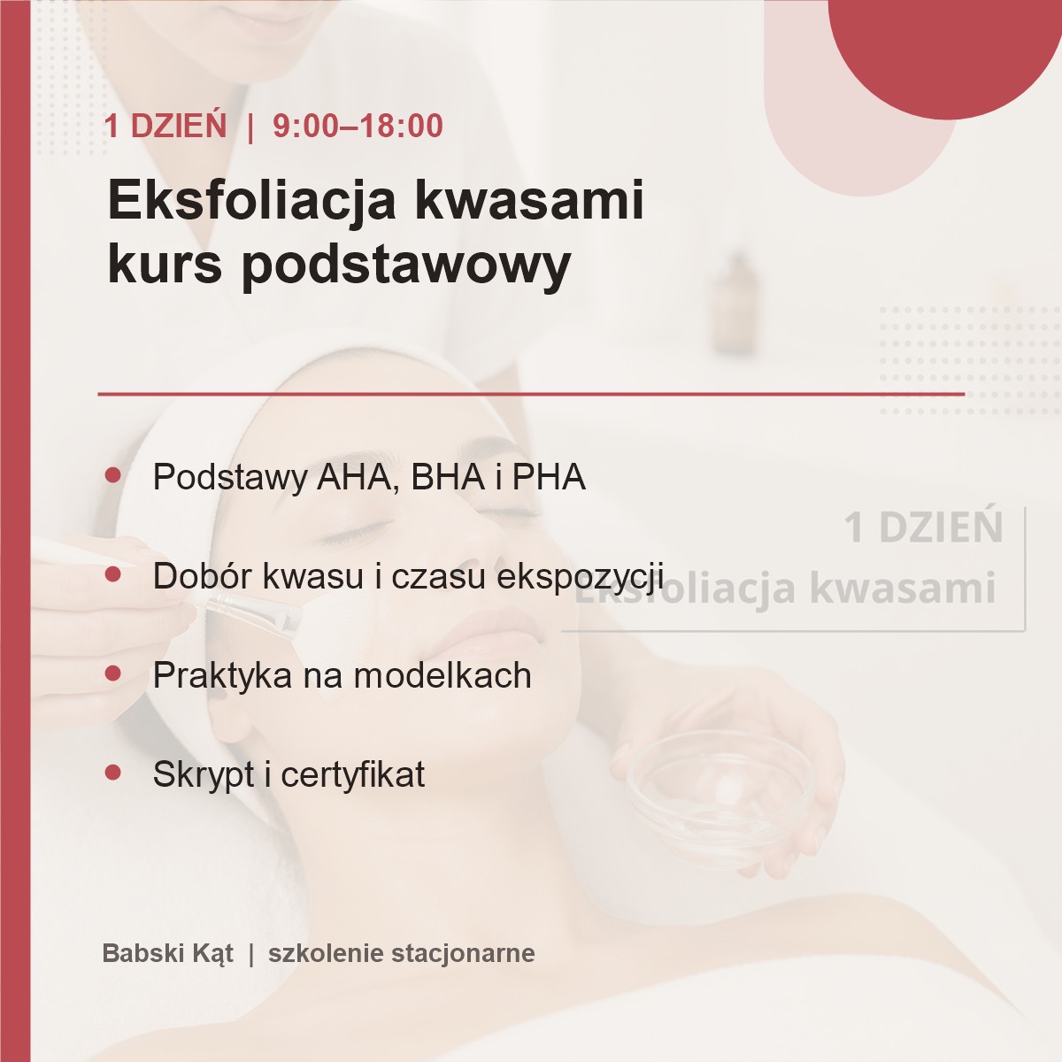 Program szkolenia: eksfoliacja kwasami – kurs podstawowy, 1 dzień